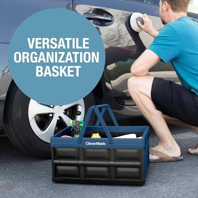CleverMade Collapsible Shopping Basket, 32L Storage Crate, 1 Pack, Ocean | Carry Bigger Grocery Hauls with Confidence | Rigid Walls Hold 35 lb, While Top and Side Handles Balance the Load