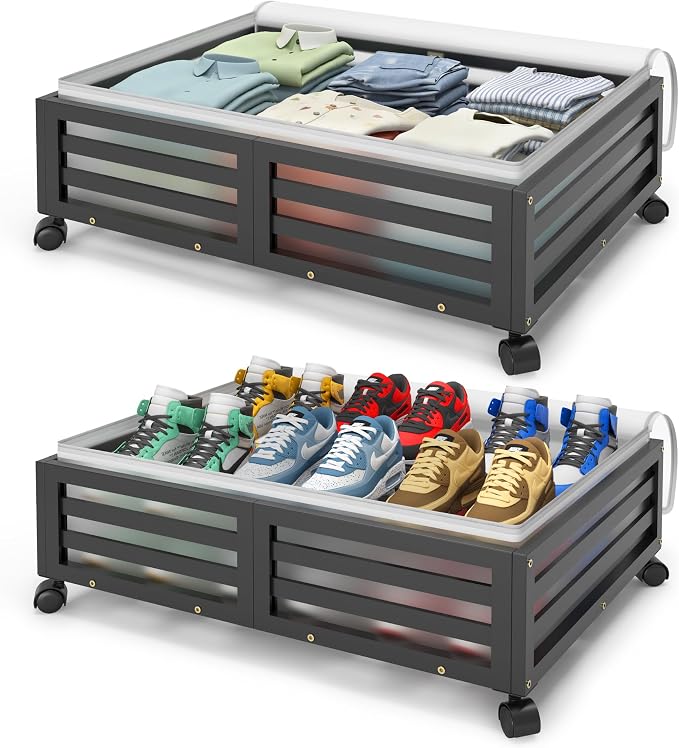 Under Bed Storage with Wheels, 2 Pack Bamboo Drawers for Shoes and Clothes | Fitted dustproof bags, stackable design, smooth pullout access for bedding, blankets, toys and seasonal essentials