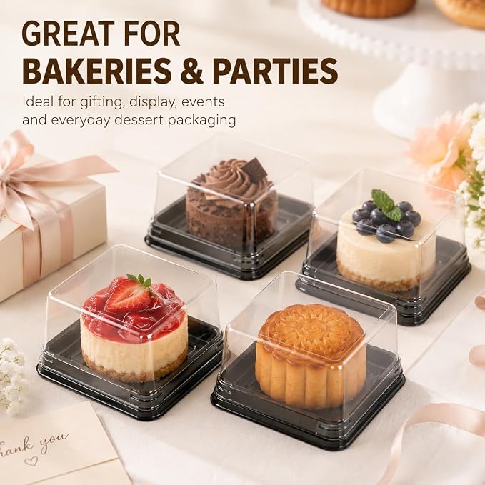 DOITOOL 100 Pcs Mooncake Box 2.75 Inch Clear Individual Cupcake Containers | Square, plastic mooncake packaging, mini cupcake box with lids for flan, macaron, muffin, dessert, cookies, small treats