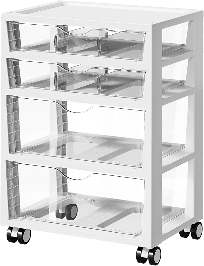 Vtopmart 4-Tier Plastic Drawer Storage Rolling Cart with Wheels | Clear Drawers, Multiple Size Storage, Visible Organization, Sturdy Design, Under Desk, Office, Makeup, Crafts & Art Storage