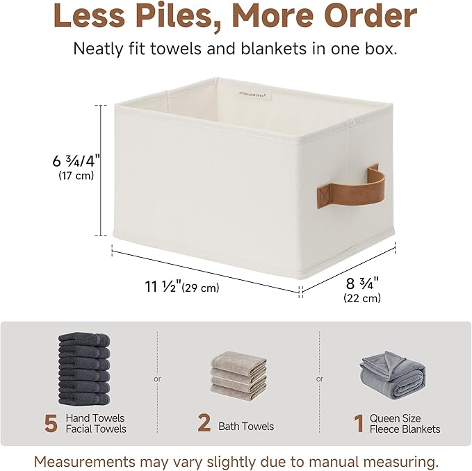 StorageWorks Closet Storage Bins with PU Handles, Ivory White, Small | Closet Organizer Storage Baskets for Shelves, Fabric Organization and Storage, Foldable Closet Organizer for Clothes