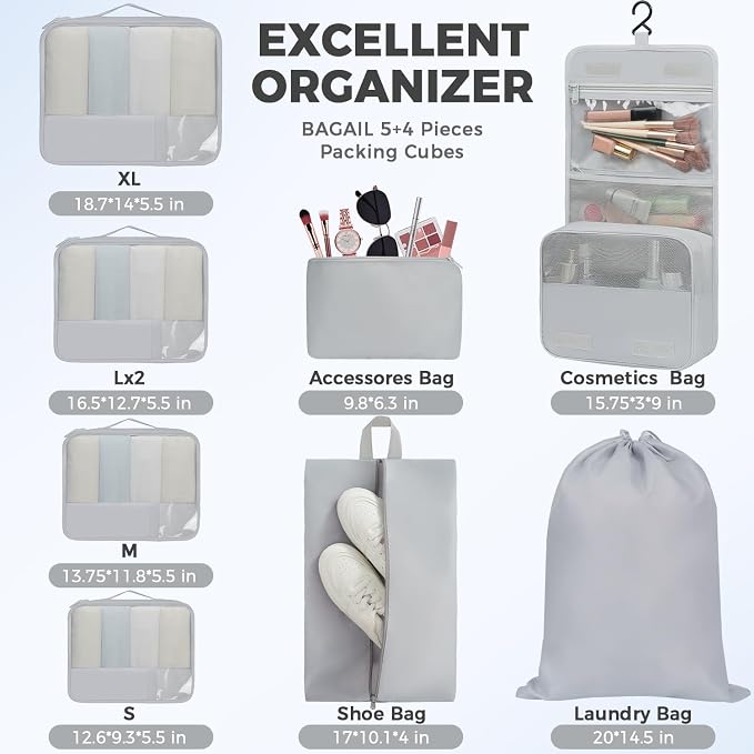 BAGAIL 9 Set Packing Cubes with Packing List Luggage Packing Organizers for Travel Accessories (Light Grey)