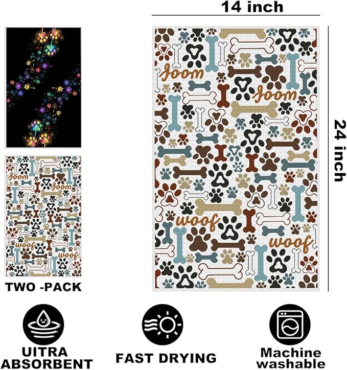 Hanamiya Na 2 Pcs Colorful Dog Paw Print Kitchen Towels 24x14 Inch, Dogs Gifts Reusable Dish Towels for Kitchen Bathroom Decor, Waffle Weave Hand Cloth Tea Towel, Dog Lover Gifts for Women Mom Friend