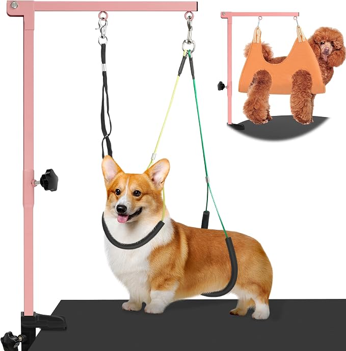 getlstub Dog Grooming Arm with Pet Grooming Hammock, 35" Pet Grooming Table Arm with Adjustable No Sit Haunch Holders, Dog Grooming Stand with Loop Noose for Small and Medium Pets, Pink