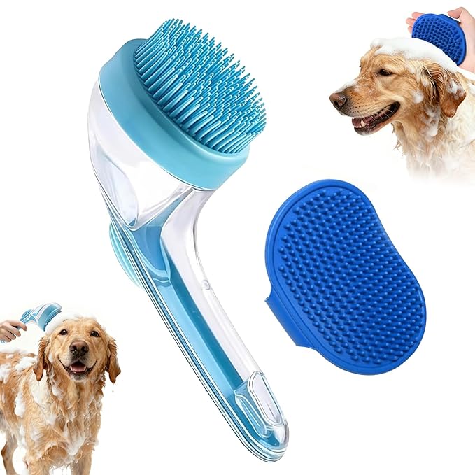 Pet Bath Brush, 2Pcs Dog Bath Brush 2 in 1 Dog Shampoo Brush with Built-in Soap Dispenser for Showering Long Short Haired Dogs Cats (Blue)