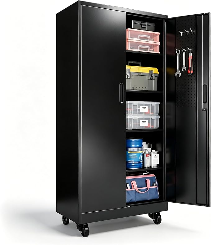 Rolling Tool Cabinet with Pegboard, 71" Tool Cabinets with 4 Adjustable Shelves for Garage, Tool Room, Assembly Required(Black)