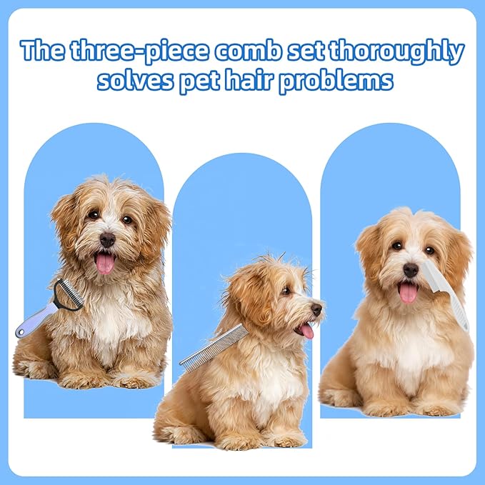 3Pcs Pet Grooming Comb Kit, Blue Deshedding Brush & Metal Comb & Tick Removal Comb for Dogs, Cats and Horses, Pet Flea Comb for Detangling and Dematting Long, Matted Fur on Goldendoodles Poodles