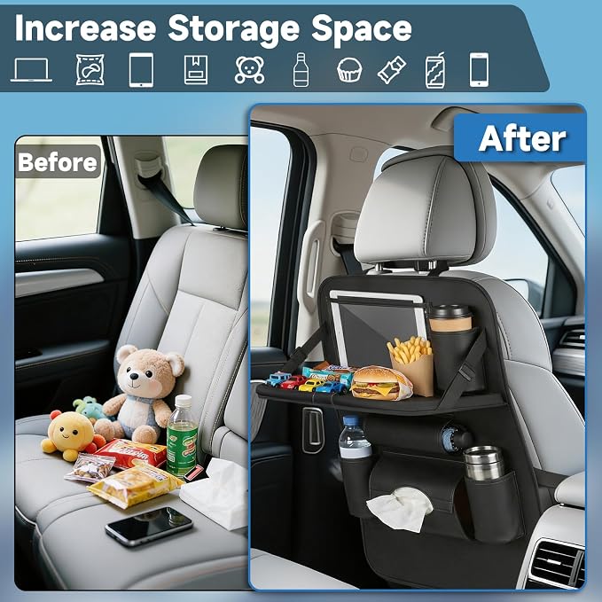 Car Seat Back Organizer with Foldable Table Tray Back of Seat Car Organizer with Touch Screen Phone Holder Premium Pu Leather Material for Kids, Pets & Travel Accessories(1 Pack)