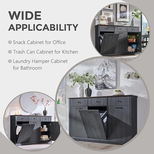 IFGET Triple Tilt Out Trash Can Cabinet, Modern Fluted Laundry Hamper Cabinet with 3 Drawers, 20 Gallon Hidden Wooden Garbage Can Cabinet w/Storage Basket & Adjustable Shelf, for Kitchen, Grey