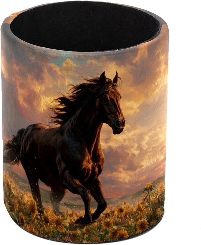 Faux Leather Pen Holder for Desk, Pencil Organizer Horse and Sunflowers Pen Cup Desk Decor Makeup Brush Holder Storage for Office Home
