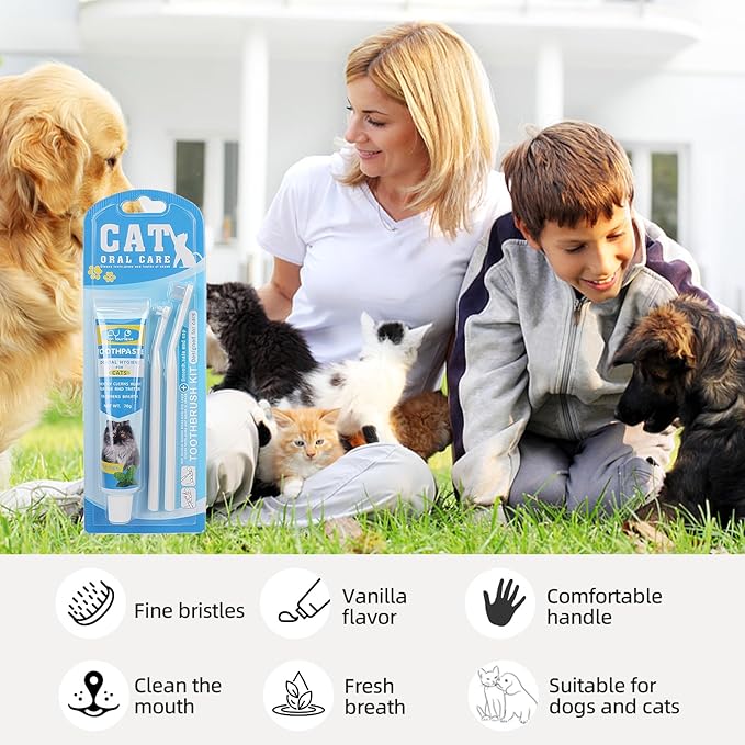 HOP Cat Toothbrush and Toothpaste Kit Vanilla Cat Toothpaste(70g) 2 Soft Nylon Bristles Micro-Head Cat Toothbrushes Kitten Tooth Brushing Kit Pet Dental Care Kit for Cats and Small Dogs Fresh Breath