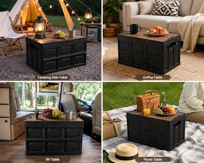 2 PSC Collapsible Storage Box with Lid, 13 Gallon Foldable Storage Bin with Wood Grain Top, Portable Organizer Tote with Handles for Car Trunk, Camping, RV, Grocery Shopping, Home Storage, Black