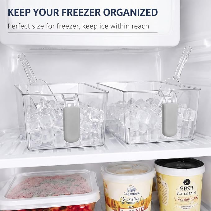 Havawish Ice Storage Bin and Flexible Scoop Set Plastic Freezer Bin | Freezer Ice Bin Scoop, Clear Bucket Container, Pull Handle, Flexible Storage, 10.83 X 7 X 4.33 in