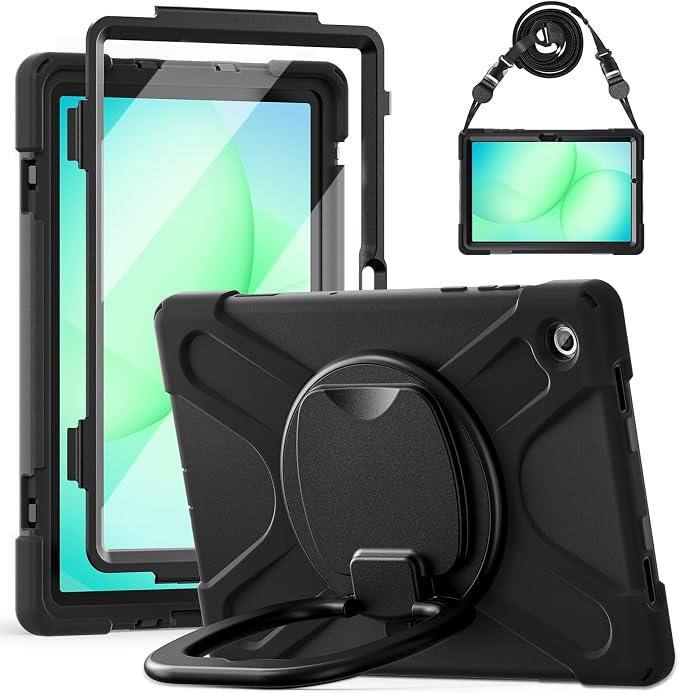 Rugged Protective Case Compatible with Samsung Galaxy Tab A11 Plus/A11 + 11" 2023 SM-X230, Military-Grade Shockproof Cover with 360° Rotating Stand & Built-in Screen Protector (Black)