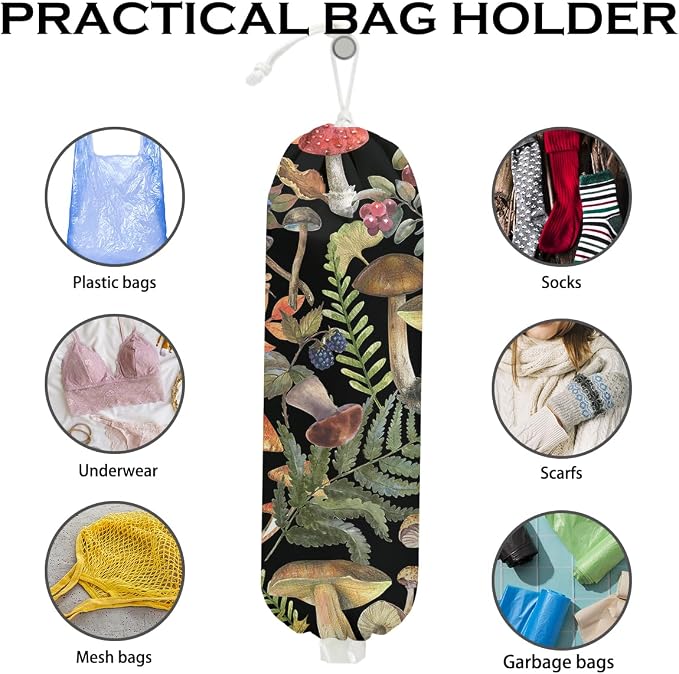 Mushroom Plastic Bag Holder, Wall Mount Grocery Bag Holder for Plastic Bags | 2Pcs Summer Leaves Reusable Shopping Bags Storage Dispenser for Home Kitchen Pantry, Mushroom Gifts for Women