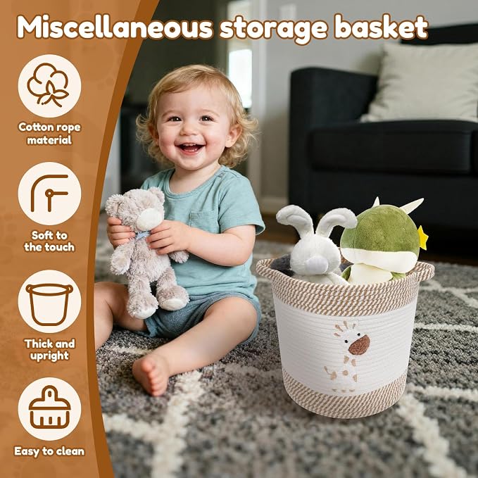 Storage Baskets for Organizing, 11” Woven Cotton Rope Storage Bin for Kids Dog Toy Organizer Clothes Hamper for Nursery Laundry, Blanket Basket for Living Room Decor Toy Basket(Style 2)