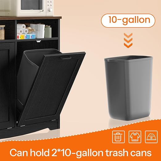 HOOBRO Double Tilt Out Trash Can Cabinet, 20 Gallon Kitchen Trash Bin Cabinet, Hidden Trash Storage with Open Compartments, Hidden Laundry Hamper, for Kitchen, Laundry, Black and Walnut BH04LJ01