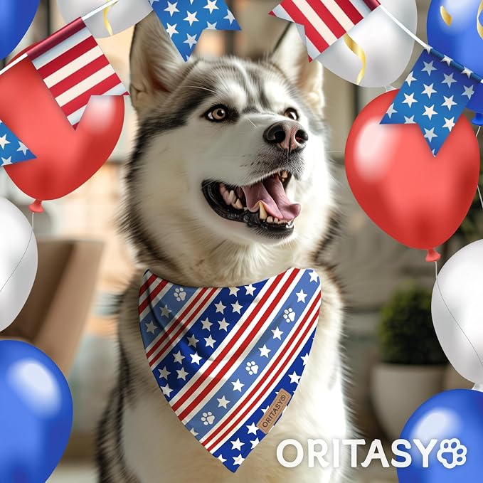 4th of July Patriotic Dog Bandanas, 2-Pack Triangle Reversible Pet Scarves, Premium Fabric, US American Flag Bandana for All Dogs (Large, Style 25-2)