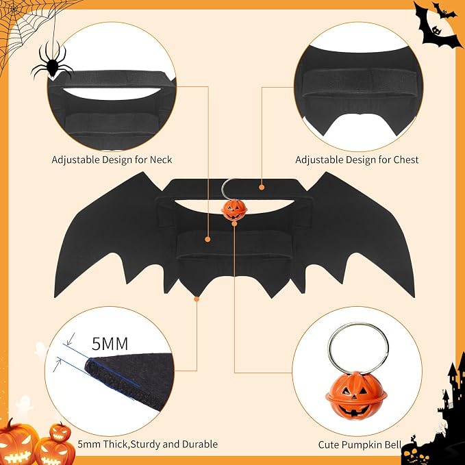OLANRUN Cat Halloween Costume, Cat Costumes, Small Dog Halloween Costumes - Bat Wing with Pumpkin Bell for Pet Halloween Cosplay Party Dress Up Accessories (Medium)