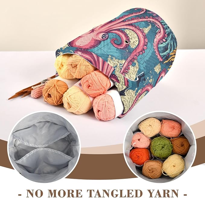 Tatenale Crochet Bag Yarn Bag Knitting Project Bag with Pockets and Handle Portable Yarn Storage Organizer Tangle Free 8.3x11 InchWorld Map Octopus Corals and Seaweeds28