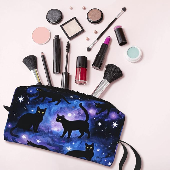 Black Cats Galaxy Stars Makeup Bag for Women with Wrist Strap | Durable 600D Oxford Fabric Cosmetic Organizer,Compact Travel Pouch with Handle for Gym & Daily Use