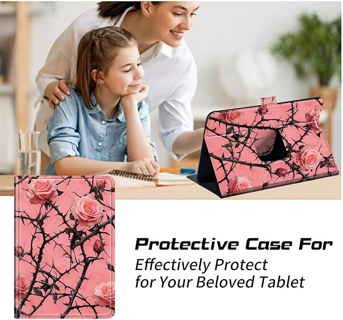 Universal Case for T-Mobile Revvl Tab 2 10.1" Model:9185W 2025/Revvl Tab 5G 10.36" 2023, 360 Degree Rotating Kickstand Protective Stand Leather Shell Cover for 9"-10.5", Pink Flower Tree