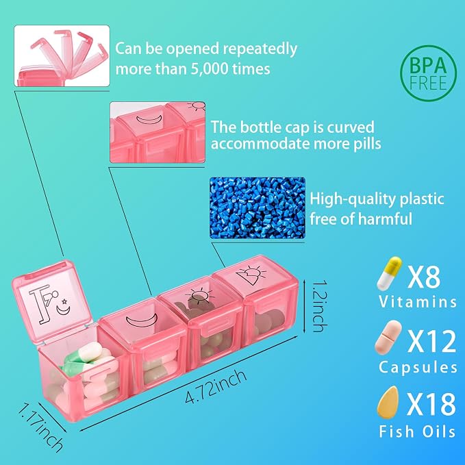 Monthly Pill Organizer, Medicine Organizer Box with Portable Hard Shell and Pill Cutter, 31 Day Pill Holder with Weekly Pill Bag (Blue, 4 Times a Day)