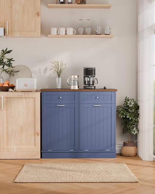 Betterhood Double Tilt Out Trash Cabinet with Power Outlet & USB, Hidden Garbage Can Holder with 2 Storage Drawers, Wooden Laundry Hamper for Kitchen, Bathroom, Living Room, Blue