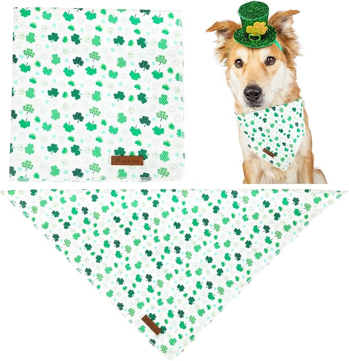 St. Patrick's Dog Bandana, Shamrock Triangle Bid Scarf for Small Medium Pets, Cotton Kerchief for Girl Boy Dogs or Cats, Cute Spring Green Puppy Bandana