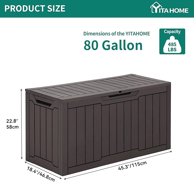 YITAHOME 80 Gallon Resin Deck Box | Weather Resistant Outdoor Storage Box, Lockable Indoor Outdoor Storage for Supplies and Essentials, Dark Brown