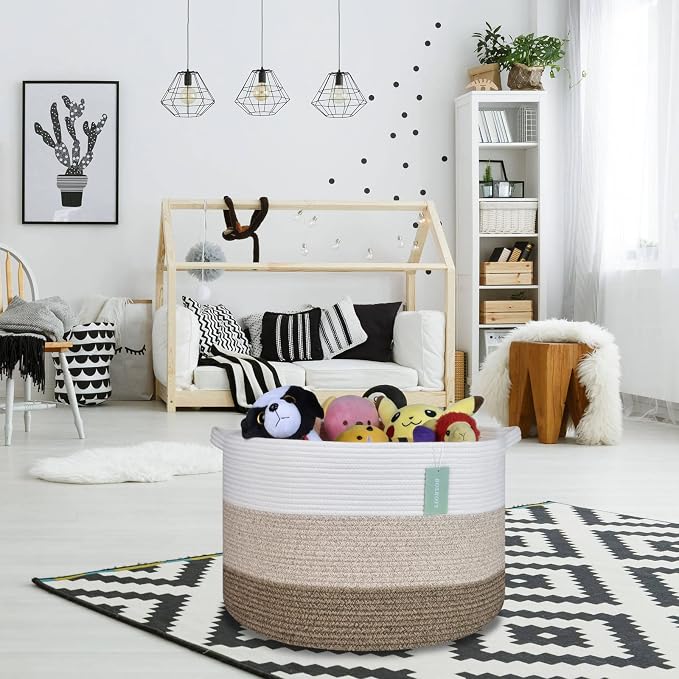 Cotton Rope Blanket Basket, 87L Laundry Hamper, White & Ombre Brown