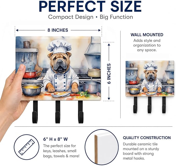 Caroline's Treasures Shar Pei The Chef Leash or Key Holder Wall Hooks, Key Hooks Holder, Coat Rack Wall Mount, Coat Hooks, Hooks for Hanging Keys, Towels, Aprons, Leashes | Shar Pei The Chef artwork on ceramic tile with three steel hooks for keys, leas...