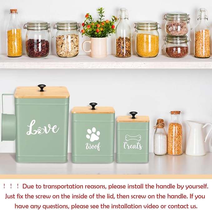 Jingmore Metal Dog Treat Containers Set of 3 with Bamboo Lids and Spoon Airtight 7+3+2 lbs Dog Food Snack Jars with DIY Labels Big Pet Cookie Storage Jar for Kitchen Counter (Sage Green,Cute)