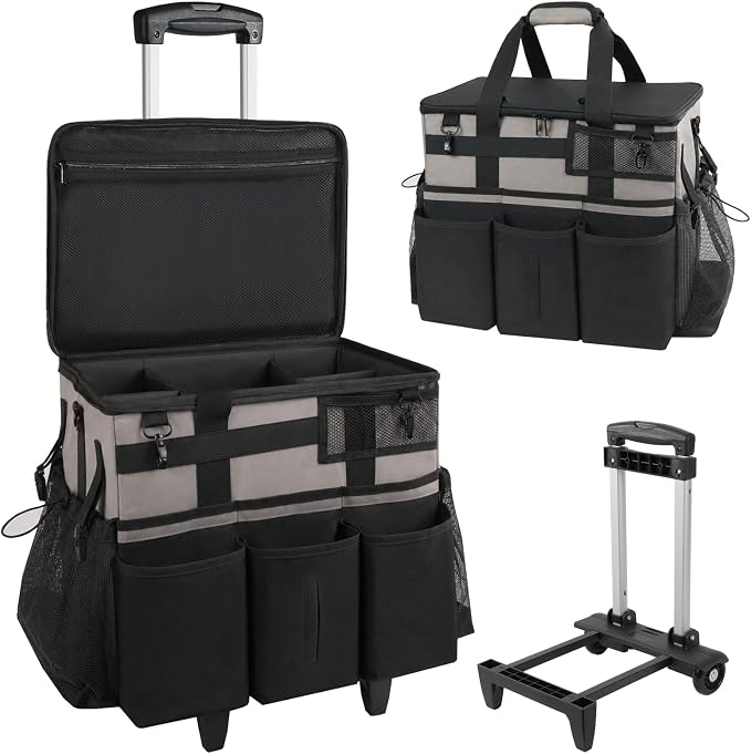 SCAVATA Rolling Cleaning Caddy Bag with Detachable Trolley, Large Cleaning Supplies Organizer with Wheels, Multi-Pocket Cleaning Cart with Adjustable Shoulder Strap for Housekeepers (WarmGrey)