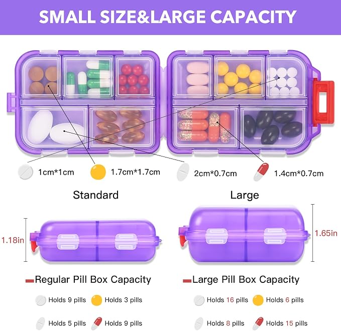 Large Medicine Pill Organizer with 189 Labels, 10 Compartments Purse Pill Case Travel Medicine Organizer Essentials Travel Daily Pill Container (Purple, 1 Pack)