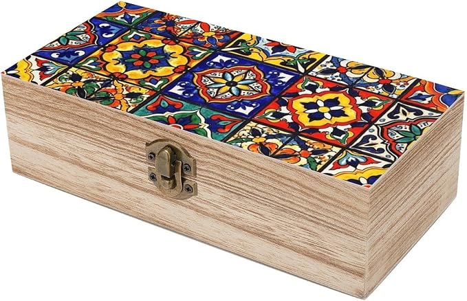 Small Memory Keepsake Box with Hinged Lid and Clasp, Mexican Talavera Tile | Colorful Floral Mexican Rectangle Jewelry Organizer for Picture Letter Storage, Gift Boxes, 9.2x5.5x3.9 Inch