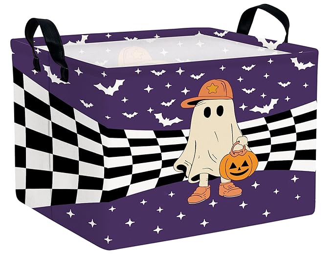 Large Halloween Themed Candy Gift Boo Basket for Kids Baby Personalized Adults Storage Bin Fall Decor(Baseball Hat Grid Spooky)