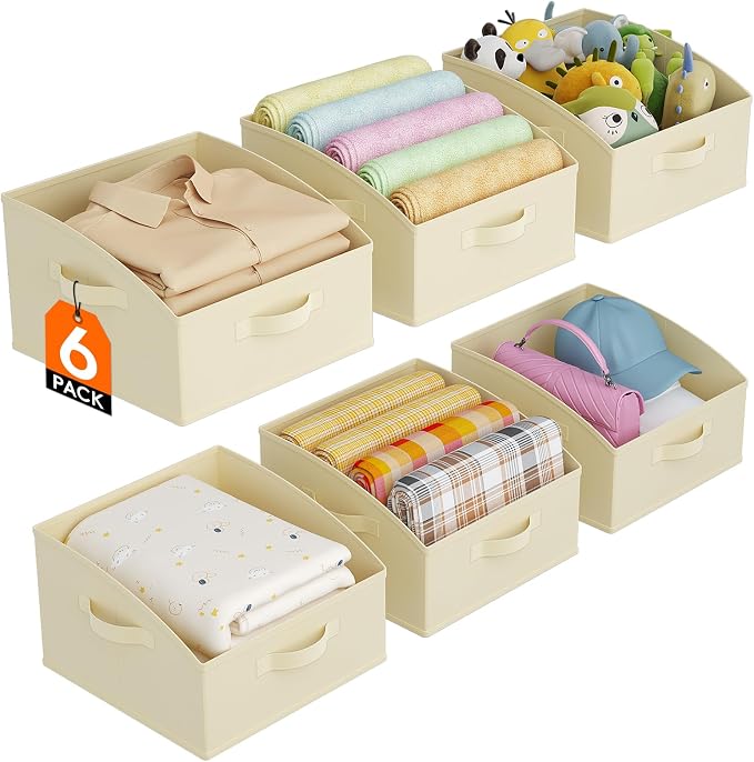 Lifewit Trapezoid Closet Storage Bin for Shelf, 6 Packs 16L, Beige | Non-woven Closet Organizer Baskets with Handles, Foldable Clothes Containers Boxes for Clothing, Book, Purse, Medium