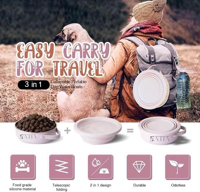 Blue Collapsible Travel Dog Bowl – BPA-Free Silicone & 18/8 Stainless Steel, Portable Non-Slip Food & Water Bowl with Handle, Bottle/Poop Bag Holder – Claim Your