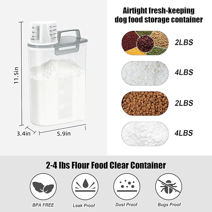 LEAWALK Airtight 4 LBS Rice/Cereal/Dry Food Storage Container BPA Free, 2.11Qt Clear Plastic Kitchen and Pantry Organization Bin Suitable for Oats, Flour, Sugar, Pasta, Pet Food, etc (Clear Grey)