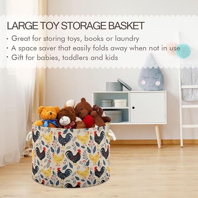 Chicken Rooster Collapsible Round Storage Basket with Handles | Hen Flower Print Large Laundry Baskets Hamper, Clothes Organizer Bin for Nursery Bedroom Living Room Decor, 20x 20x 14 Inches