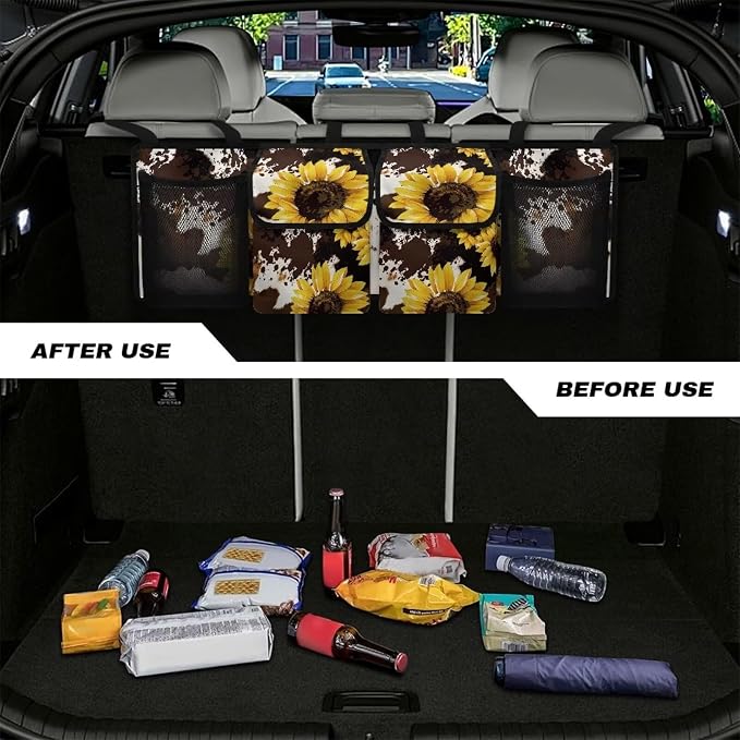 Dreaweet Sunflower Car Trunk Organizers for Women SUV Sedan Backseat Hanging Storage with 4 Large Pockets Brown Cow Print Car Accessories Interior Collapsible Trunk Organizer with Adjustable Strap