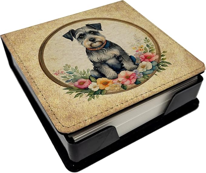 Caroline's Treasures Schnauzer and Flowers PU Leather Note Paper Holder with Artist-Designed Cover, Desk Accessory, Office Gift
