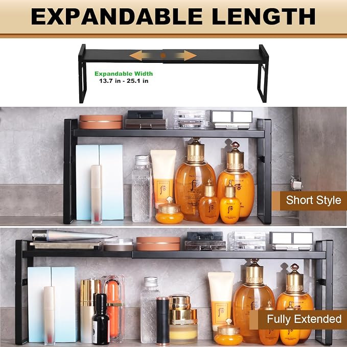 Expandable Narrow Medicine Cabinet Organizer Shelves Wide 3.58”,Metal Counter Storage Shelf Stand with Adjustable Layer and Non-Slip Pads for Cabinet,Kitchen,Pantry Small Space-Black