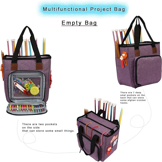 Yarn Knitting Storage Tote-Large Capacity Crochet Organizer Portable Travel Bag with Shoulder Strap Crochet Hooks Case for Unfinished Bulk Project Purple