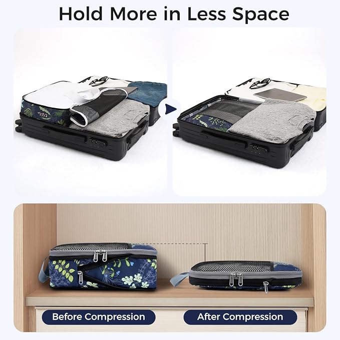 BAGAIL 4 Set/6 Set/8 Set Compression Packing Cubes Travel Accessories Expandable Packing Organizers (Half Mesh, 6-Navy Leaf)