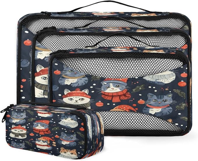 Packing Cubes for Travel, Woodland Holly Christmas Holiday Travel Luggage Packing Organizers for Women Men, Large Custom Toiletries Bag for Cosmetics Toiletries, Cute Cat
