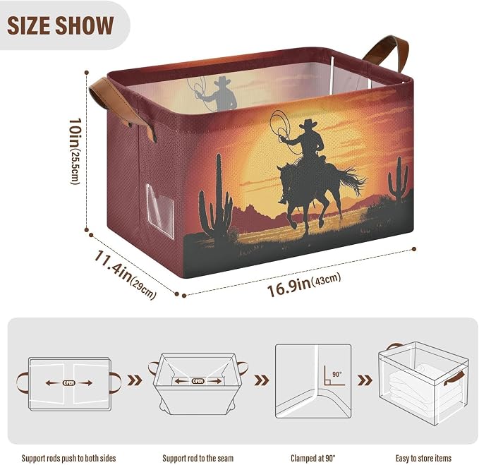 Sunset Western Cowboy with Horse Storage Basket Foldable Cube Storage Bins with Handles&Label Collapsible Organizer Box Bin Large Rectangle Decorative Baskets for Shelves Home Living Room Closet