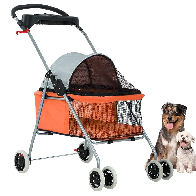 HGS Pet Cat Dog Stroller 4 Wheels Jogger Puppy Travel Carrier Portable Doggie Cage Strolling Cart with Cup Holders, 35Lbs Capacity Folding Waterproof Strolling Cart for Medium Dogs Cats Pet, Orange