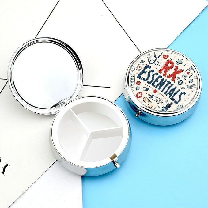 Healthcare Essentials Doodle Collage Round Pill Box with 3 Compartments, Portable Travel Pill Organizer with Spring Snap Closure for Vitamins Supplements Fish Oil